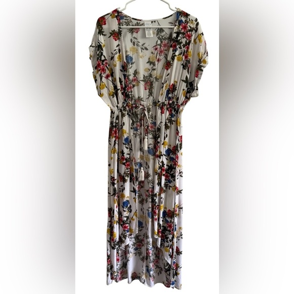 Time and Tru White Multicolor Floral Short Sleeve Tie Hi Low Hem Duster Size M - Picture 9 of 11